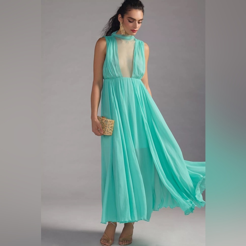 Anthropology Forever That Girl Sheer Plunge Chiffon Maxi Dress Size L